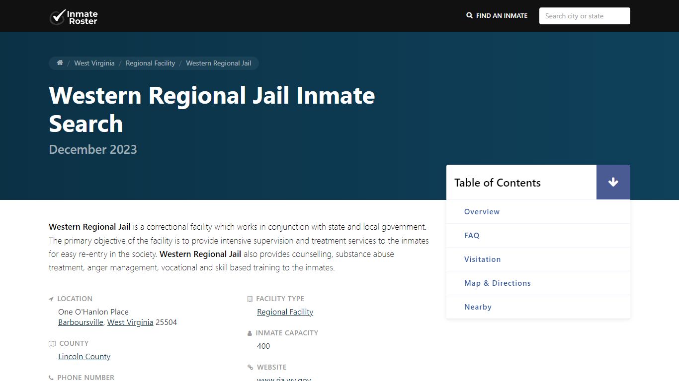 Inmate Search | Western Regional Jail - Barboursville, WV